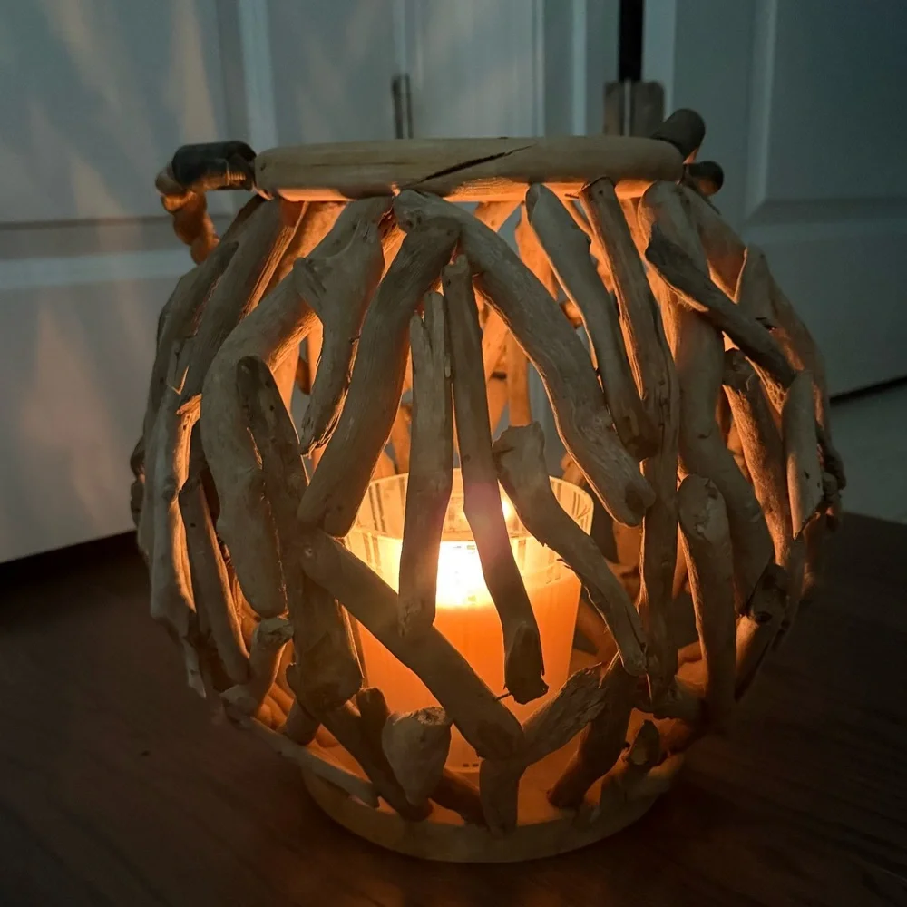Driftwood Lantern Round Rustic Candle Coastal Design